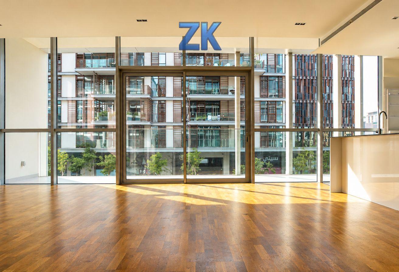 City Walk apartment interior with wood floors and full height windows